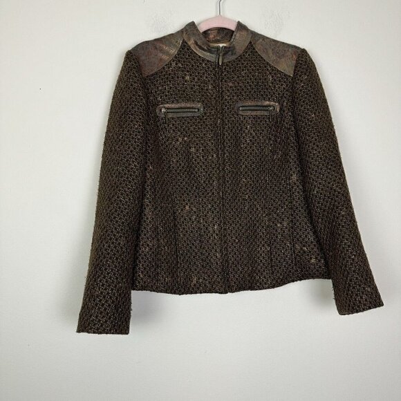 Chico’s Kellina Chocolate Brown Metallic Tweed Zip Front Size 1 Medium /8 - Picture 1 of 8